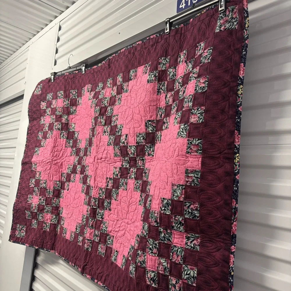 Handcrafted Pink and Burgundy Quilt Throw - Picture 2 of 4